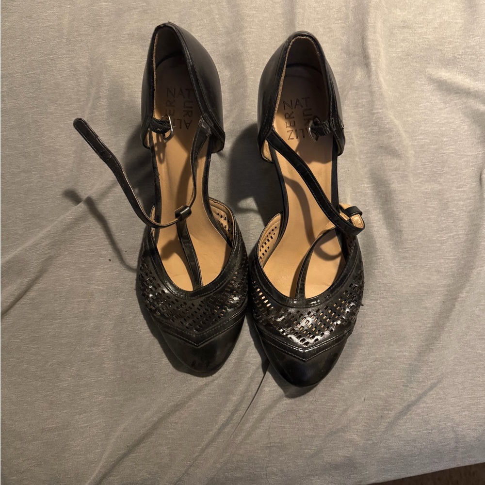 Naturalizer Black T-Strap Pointed Toe Heels with Perforated Detail
